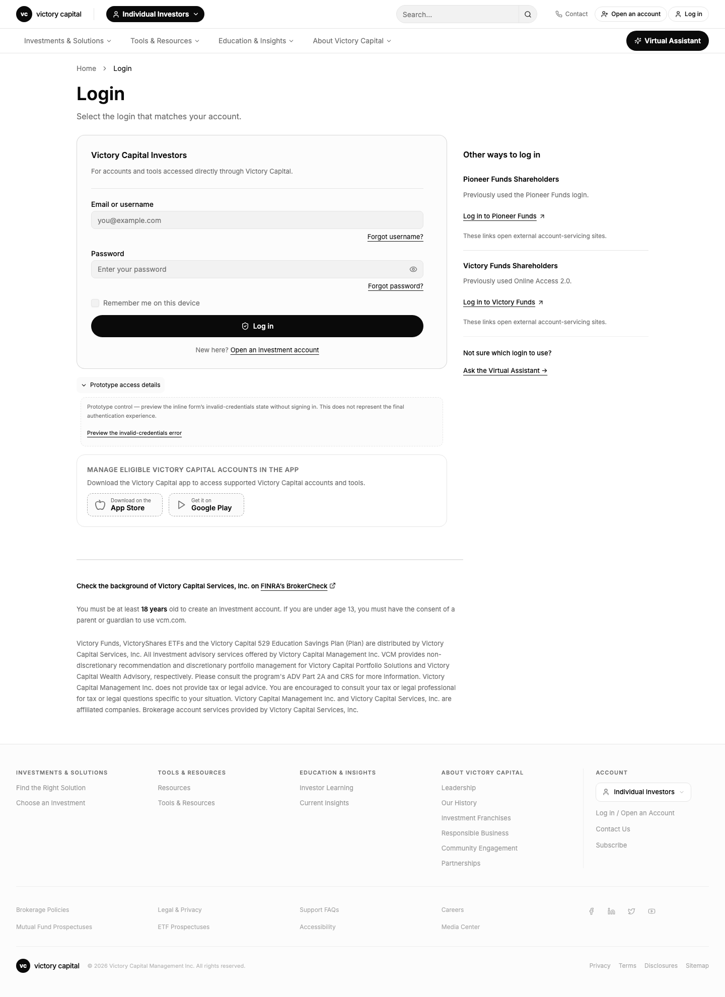 Screenshot: Login Gateway Expanded Prototype Access Details