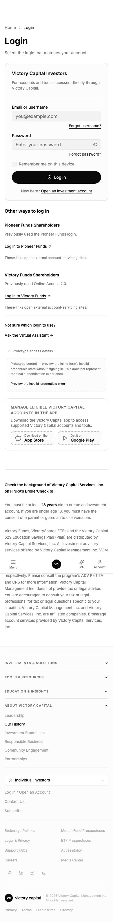 Screenshot: Login Gateway Expanded About Victory Capital